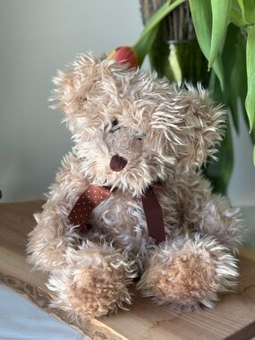 Russ Radcliffe Beige Curly Plush Teddy Bear with Brown Polka Dot Bow
